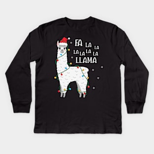Fa La La La Llama Christmas Tree Funny Llama Santa Christmas Lights Gift Kids Long Sleeve T-Shirt